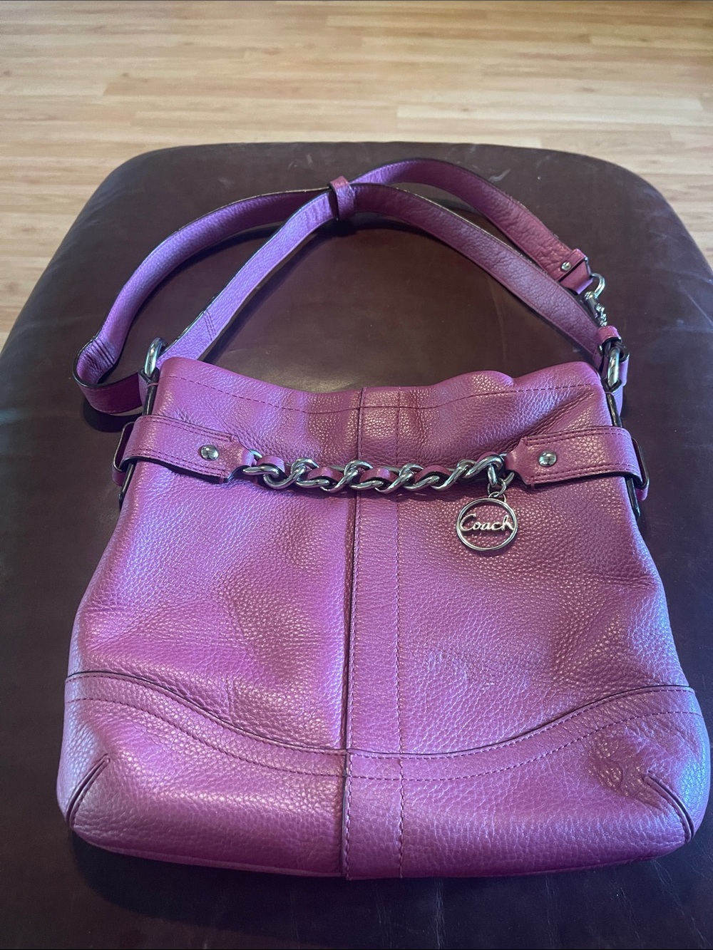 Coach Purple Pebbled Leather Shoulder Bag with Chain Accent
